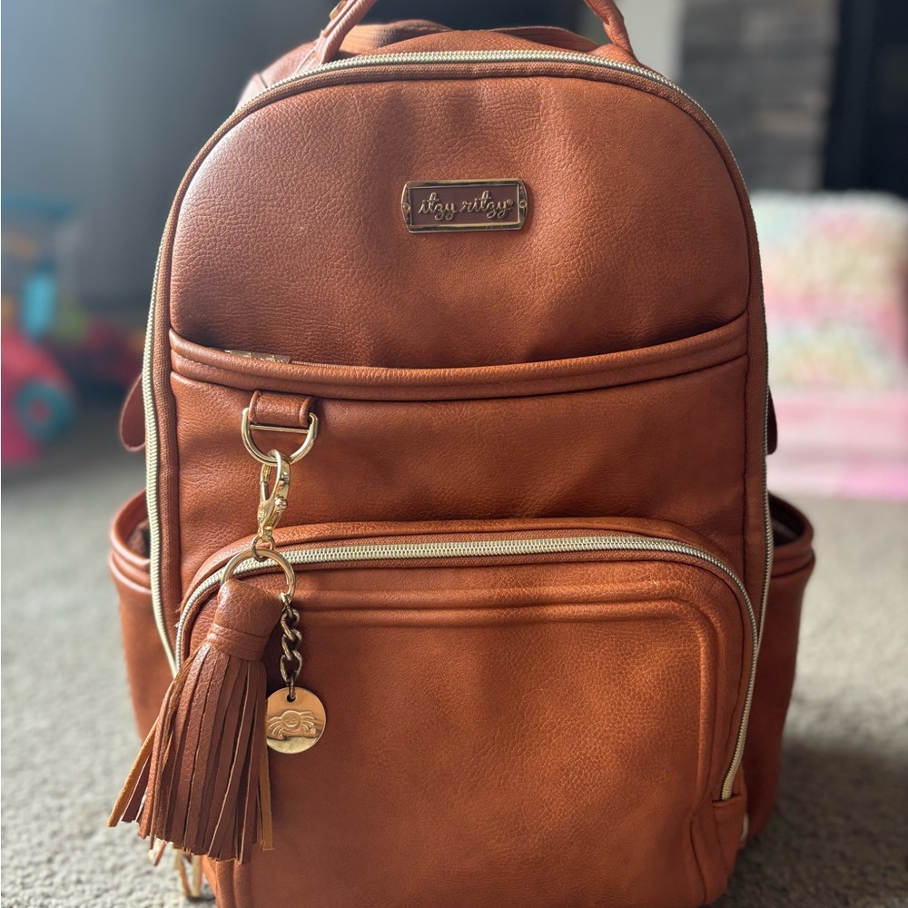Itzy Ritzy Tan & Gold Leather Backpack Diaper Bag